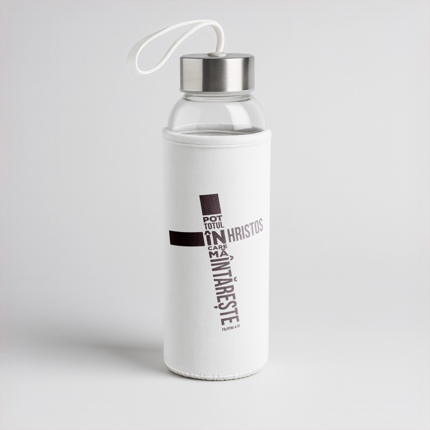 Bidon sticla cu husa textila, cu verset biblic - Filipeni 4:13